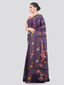 Pinkloom Purple Handloom Silk Embroidered Katha Stitch Work Saree