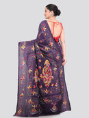 Pinkloom Purple Handloom Silk Embroidered Katha Stitch Work Saree