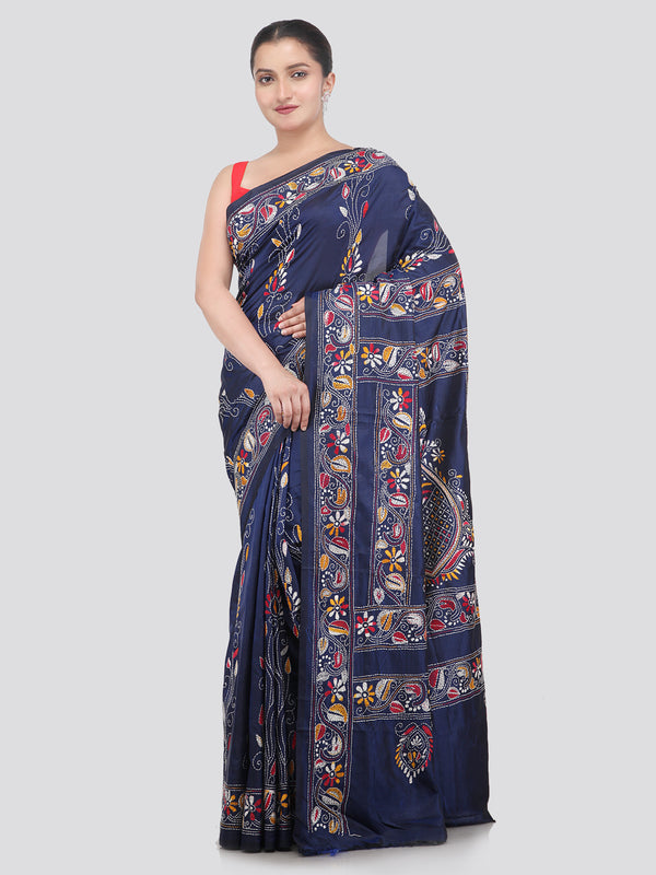 Pinkloom Blue Handloom Silk Embroidered Katha Stitch Work Saree