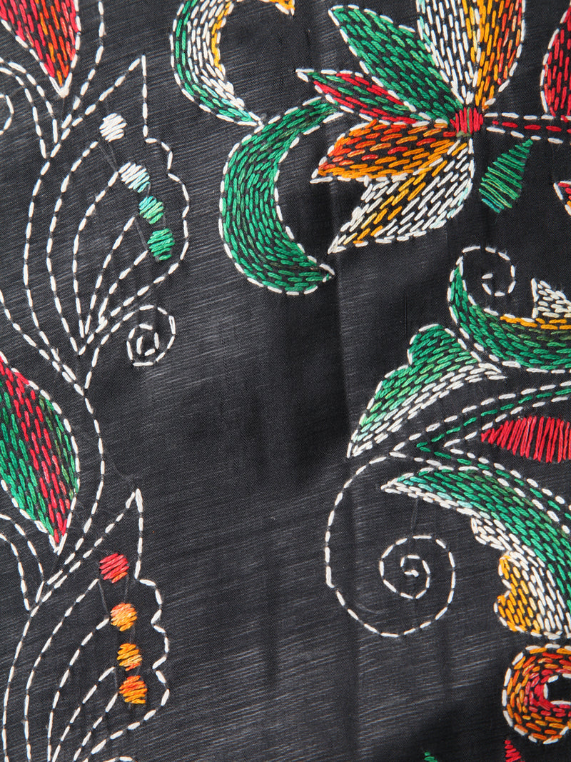 Pinkloom Green Handloom Silk Embroidered Katha Stitch Work Saree