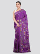 Pinkloom Violet Handloom Silk Embroidered Katha Stitch Work Saree