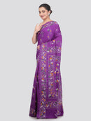 Pinkloom Violet Handloom Silk Embroidered Katha Stitch Work Saree