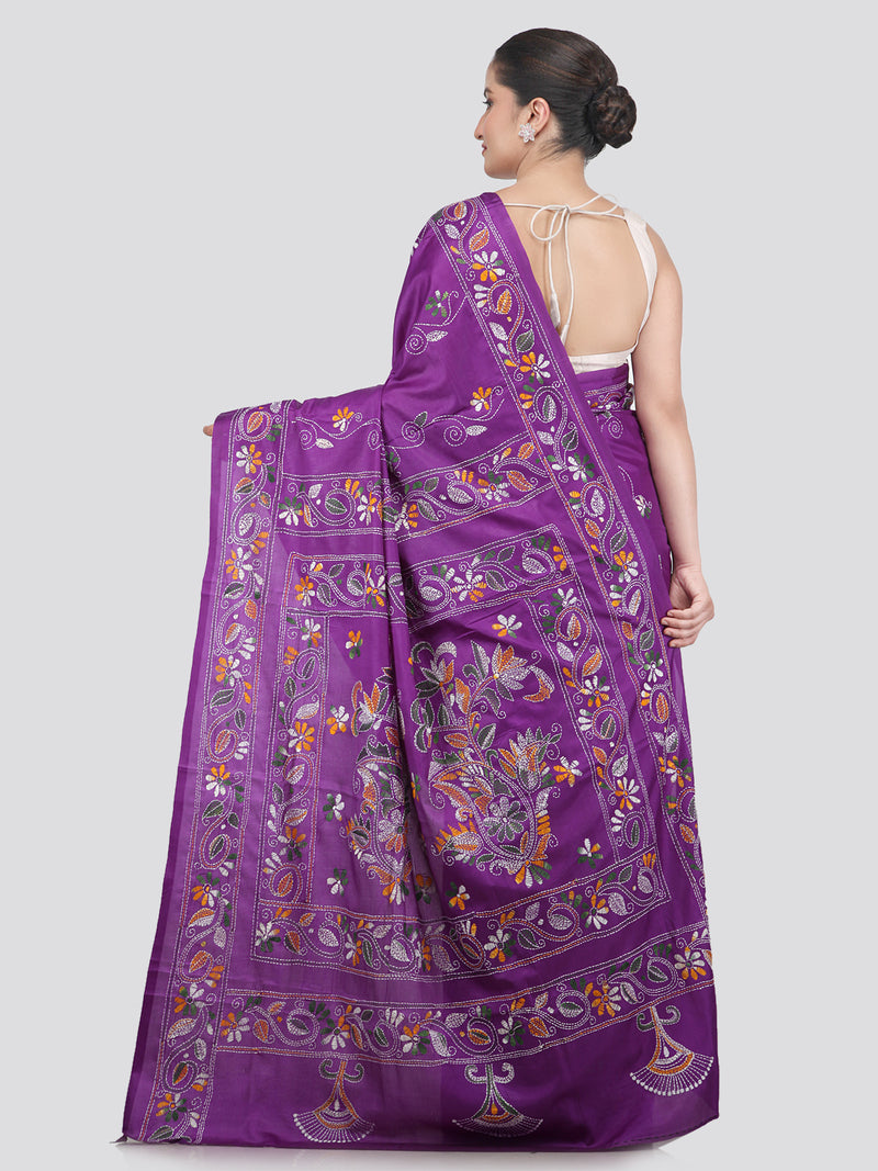 Pinkloom Violet Handloom Silk Embroidered Katha Stitch Work Saree