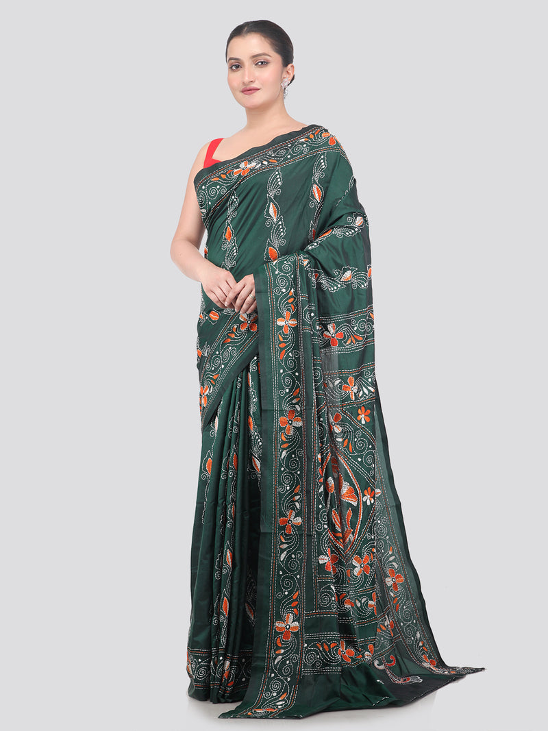 Pinkloom Green Handloom Silk Embroidered Katha Stitch Work Saree