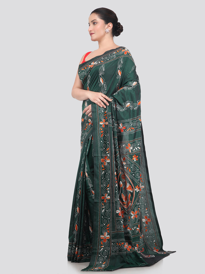 Pinkloom Green Handloom Silk Embroidered Katha Stitch Work Saree