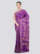 Pinkloom Violet Handloom Silk Embroidered Katha Stitch Work Saree