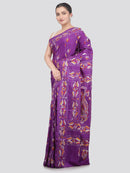 Pinkloom Violet Handloom Silk Embroidered Katha Stitch Work Saree