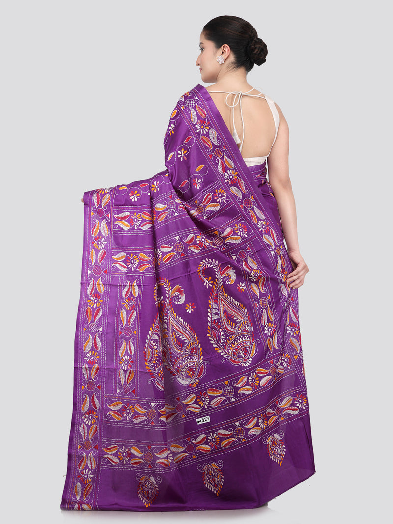 Pinkloom Violet Handloom Silk Embroidered Katha Stitch Work Saree