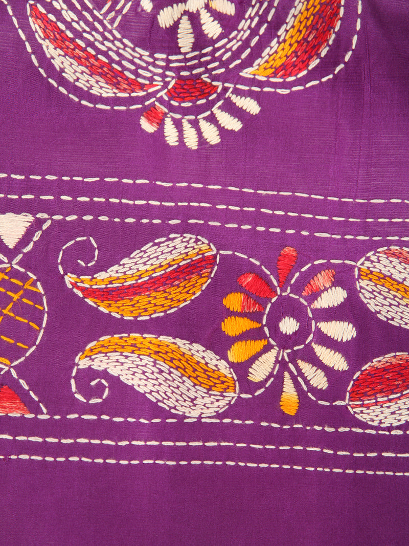Pinkloom Violet Handloom Silk Embroidered Katha Stitch Work Saree