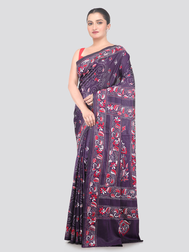 Pinkloom Purple Handloom Silk Embroidered Katha Stitch Work Saree