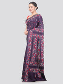 Pinkloom Purple Handloom Silk Embroidered Katha Stitch Work Saree