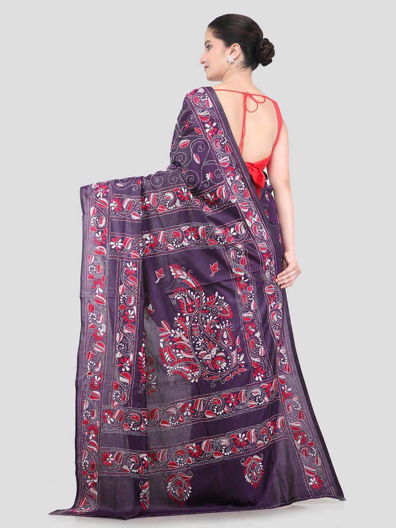 Pinkloom Purple Handloom Silk Embroidered Katha Stitch Work Saree