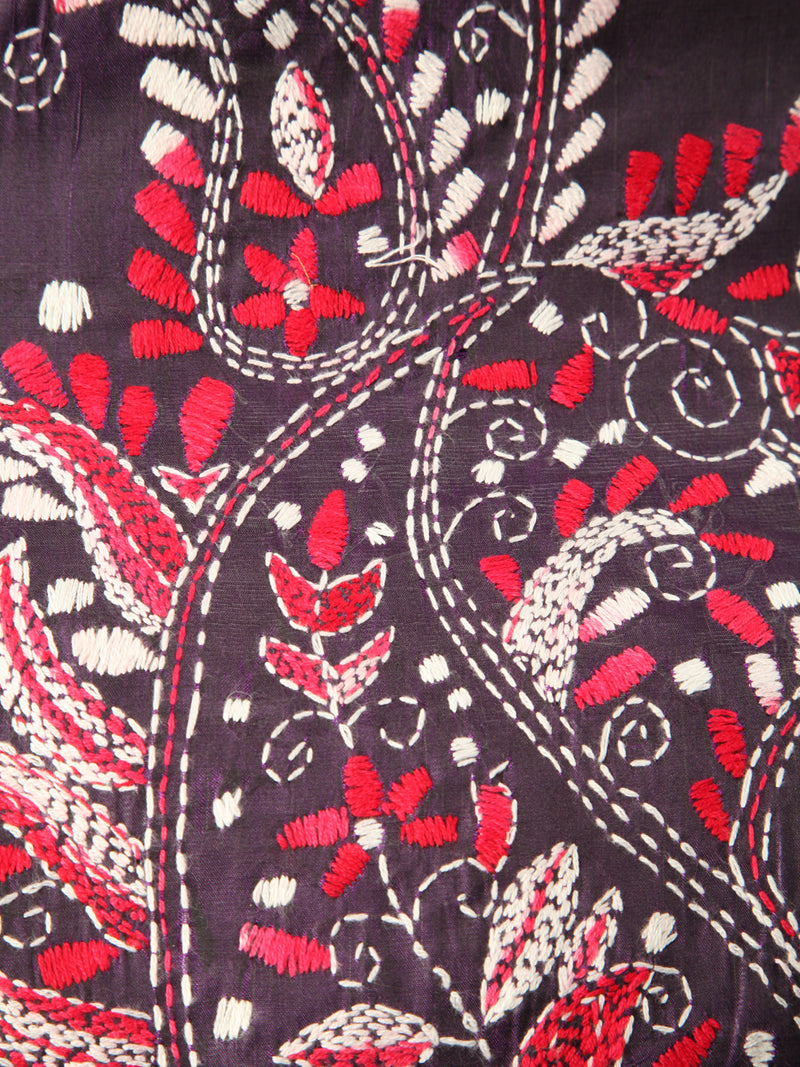 Pinkloom Purple Handloom Silk Embroidered Katha Stitch Work Saree