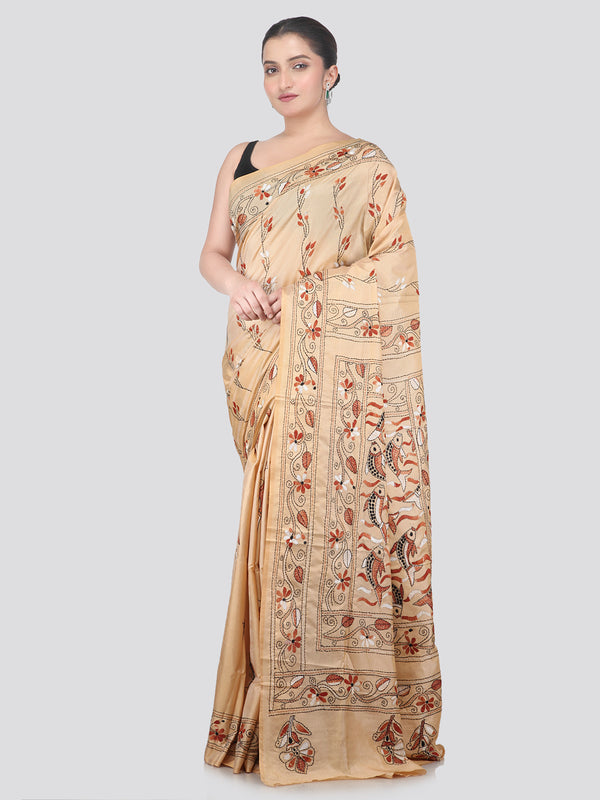 Pinkloom Beige Handloom Silk Embroidered Katha Stitch Work Saree