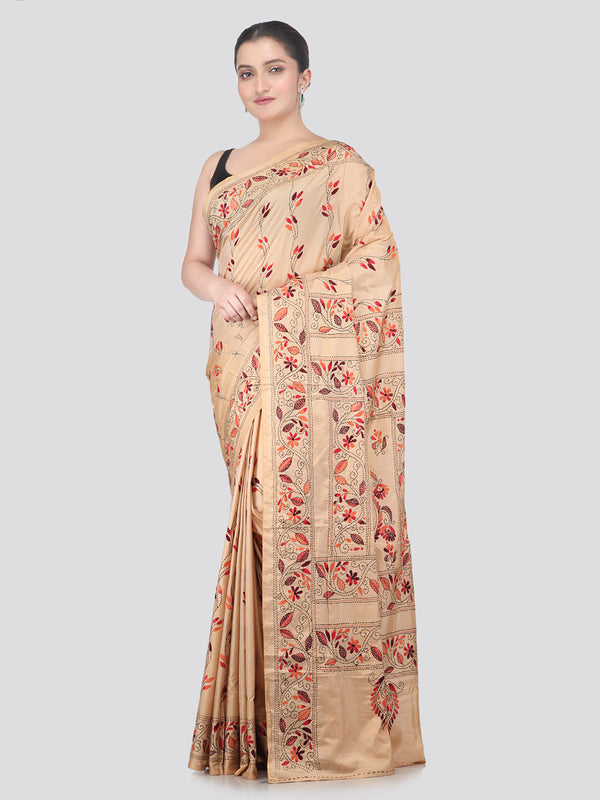 Pinkloom Beige Handloom Silk Embroidered Katha Stitch Work Saree