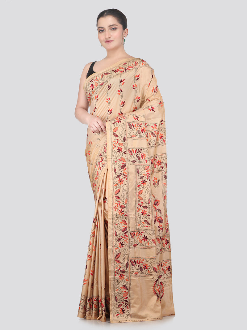 Pinkloom Beige Handloom Silk Embroidered Katha Stitch Work Saree