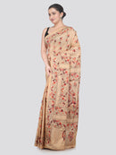 Pinkloom Beige Handloom Silk Embroidered Katha Stitch Work Saree