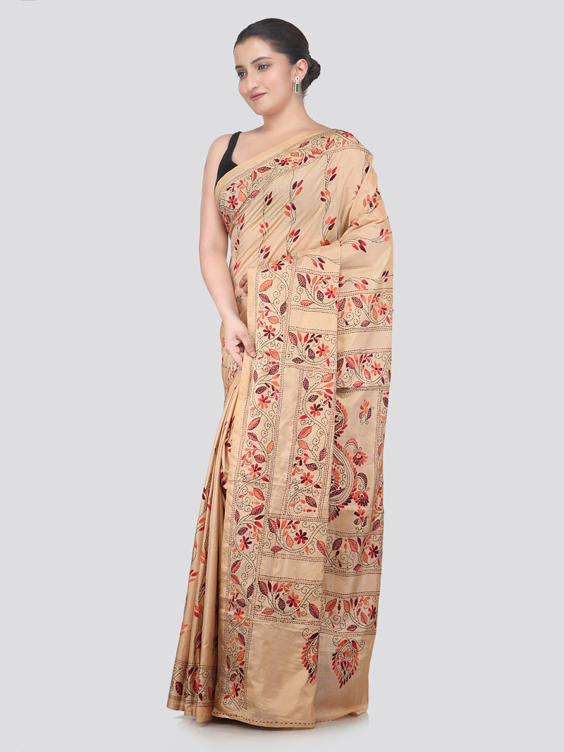 Pinkloom Beige Handloom Silk Embroidered Katha Stitch Work Saree