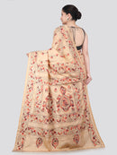 Pinkloom Beige Handloom Silk Embroidered Katha Stitch Work Saree