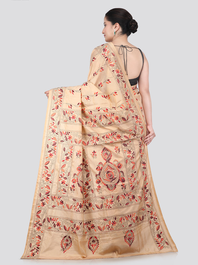 Pinkloom Beige Handloom Silk Embroidered Katha Stitch Work Saree