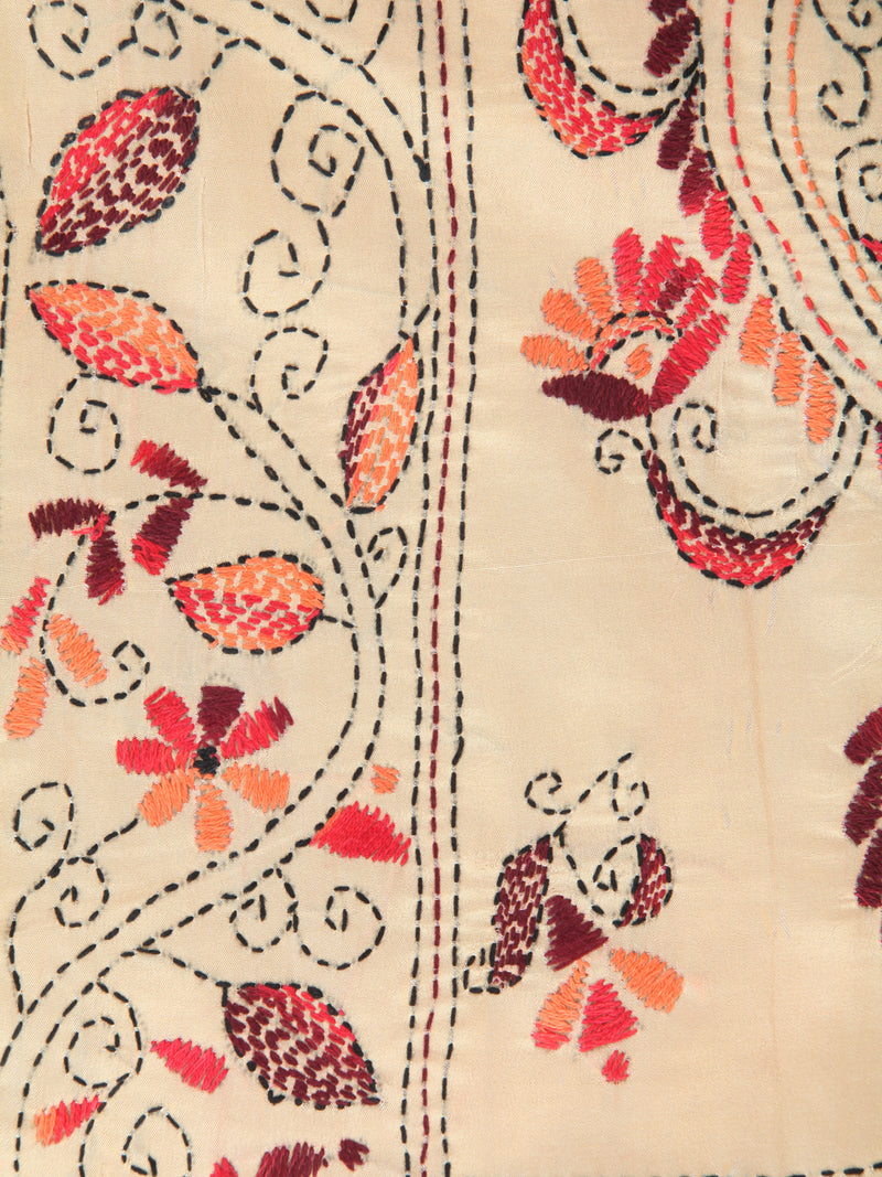 Pinkloom Beige Handloom Silk Embroidered Katha Stitch Work Saree