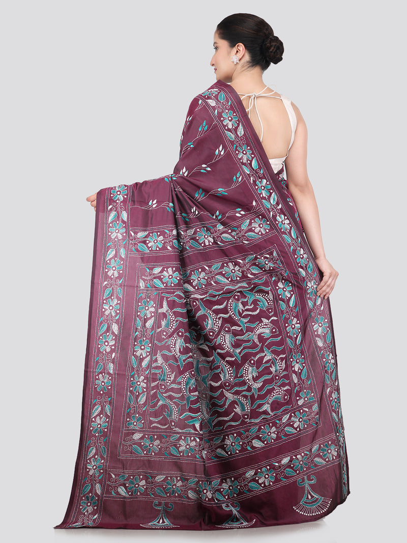 Pinkloom Multicolour Handloom Silk Embroidered Katha Stitch Work Saree