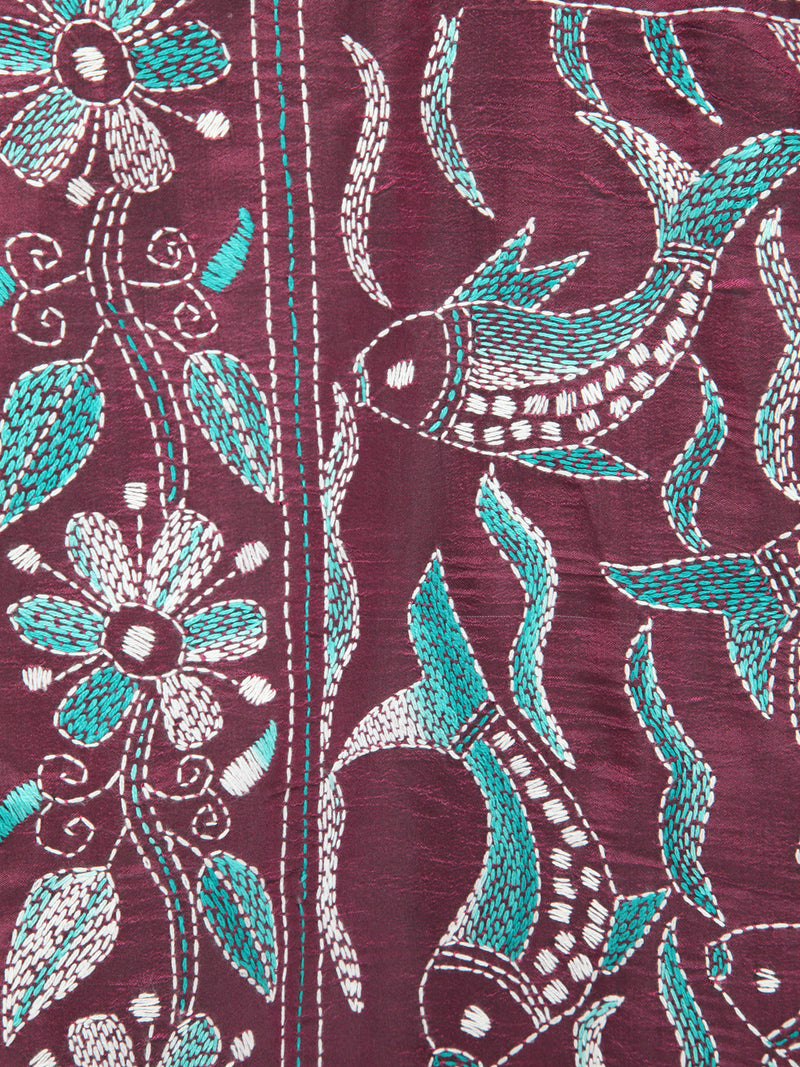 Pinkloom Multicolour Handloom Silk Embroidered Katha Stitch Work Saree