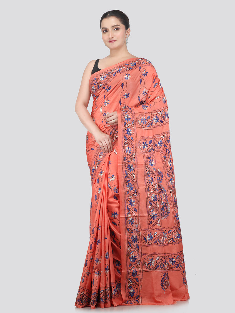 Pinkloom Pink Handloom Silk Embroidered Katha Stitch Work Saree