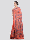 Pinkloom Pink Handloom Silk Embroidered Katha Stitch Work Saree