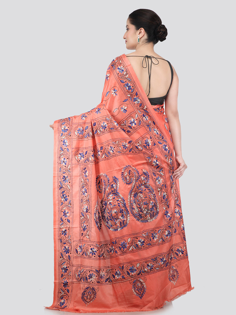 Pinkloom Pink Handloom Silk Embroidered Katha Stitch Work Saree