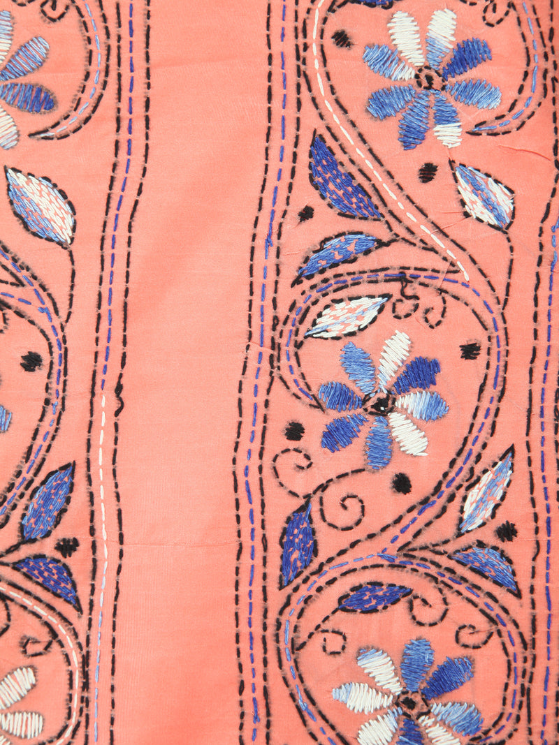 Pinkloom Pink Handloom Silk Embroidered Katha Stitch Work Saree