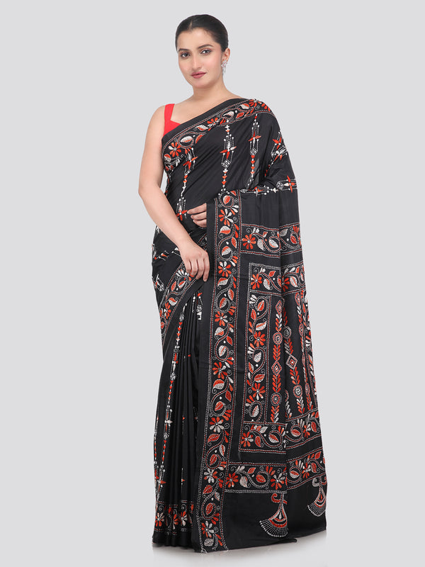 Pinkloom Deep Green Handloom Silk Embroidered Katha Stitch Work Saree