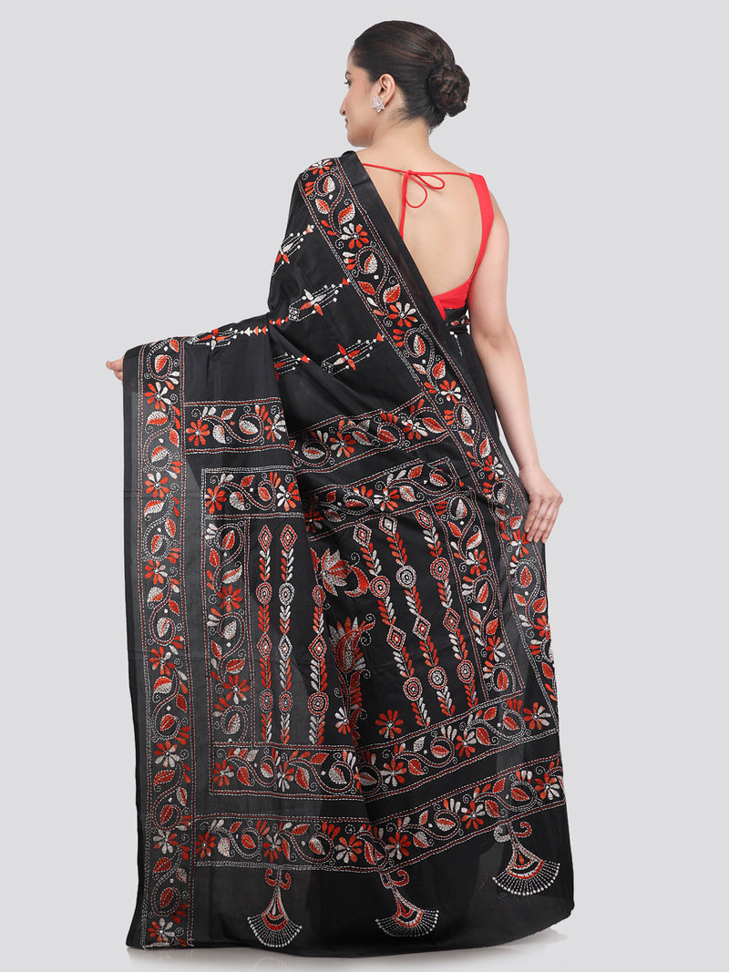 Pinkloom Deep Green Handloom Silk Embroidered Katha Stitch Work Saree
