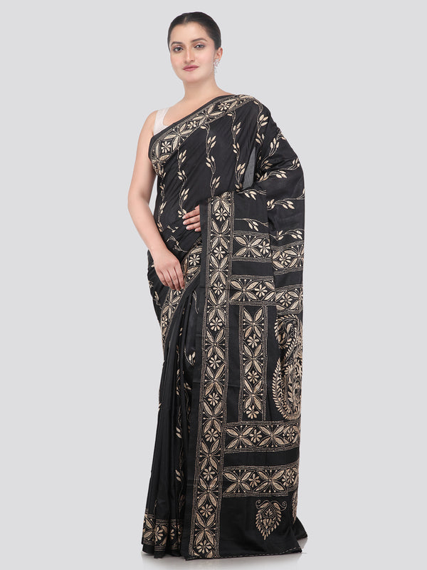 Pinkloom Black Handloom Silk Embroidered Katha Stitch Work Saree