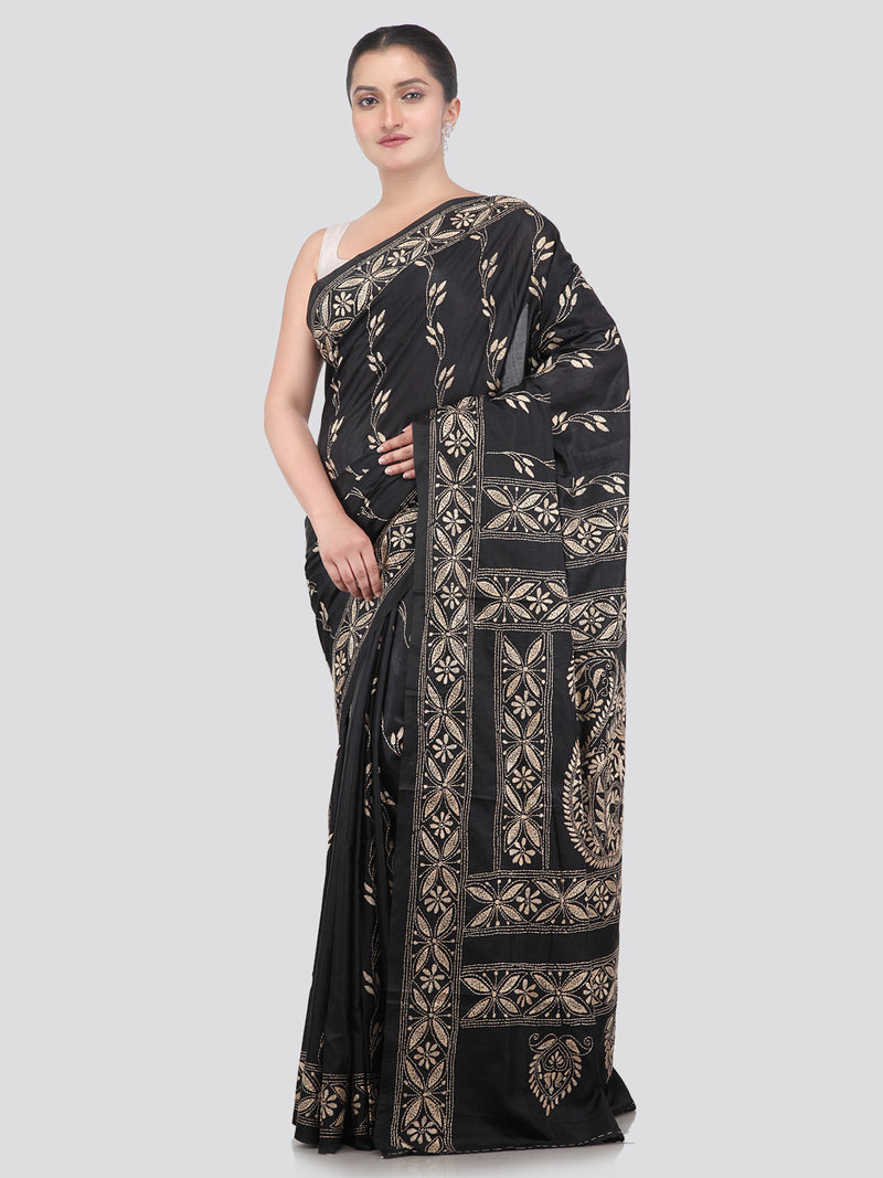 Pinkloom Black Handloom Silk Embroidered Katha Stitch Work Saree
