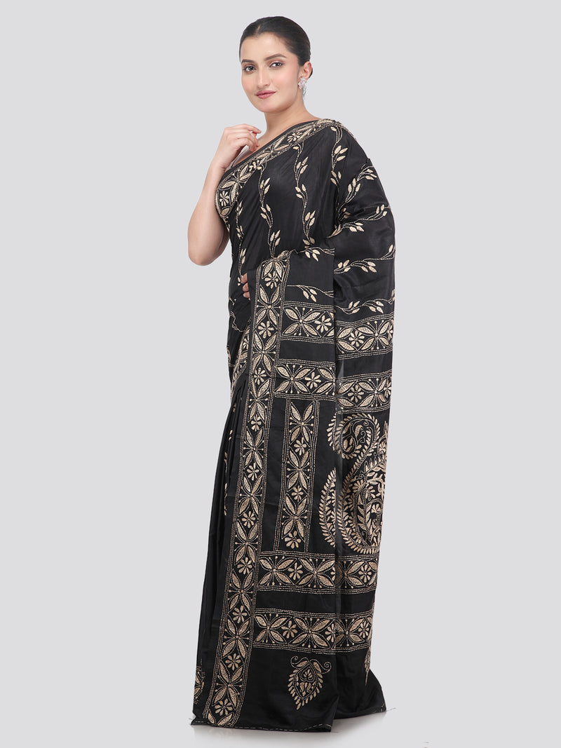 Pinkloom Black Handloom Silk Embroidered Katha Stitch Work Saree