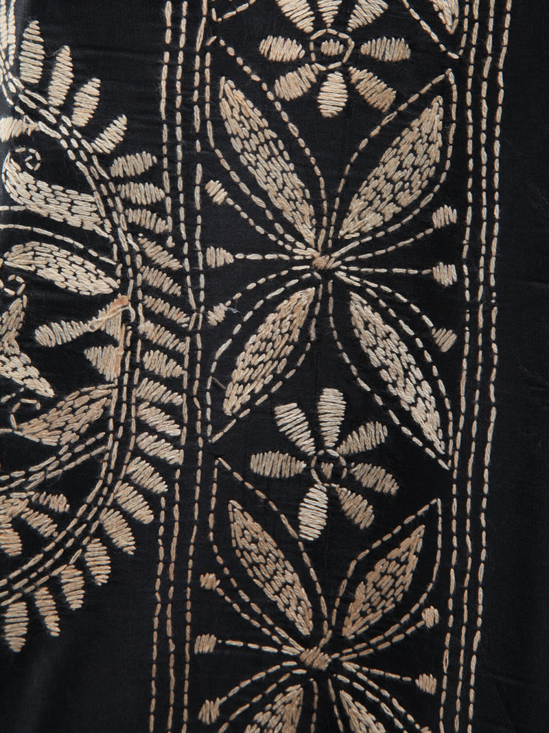 Pinkloom Black Handloom Silk Embroidered Katha Stitch Work Saree
