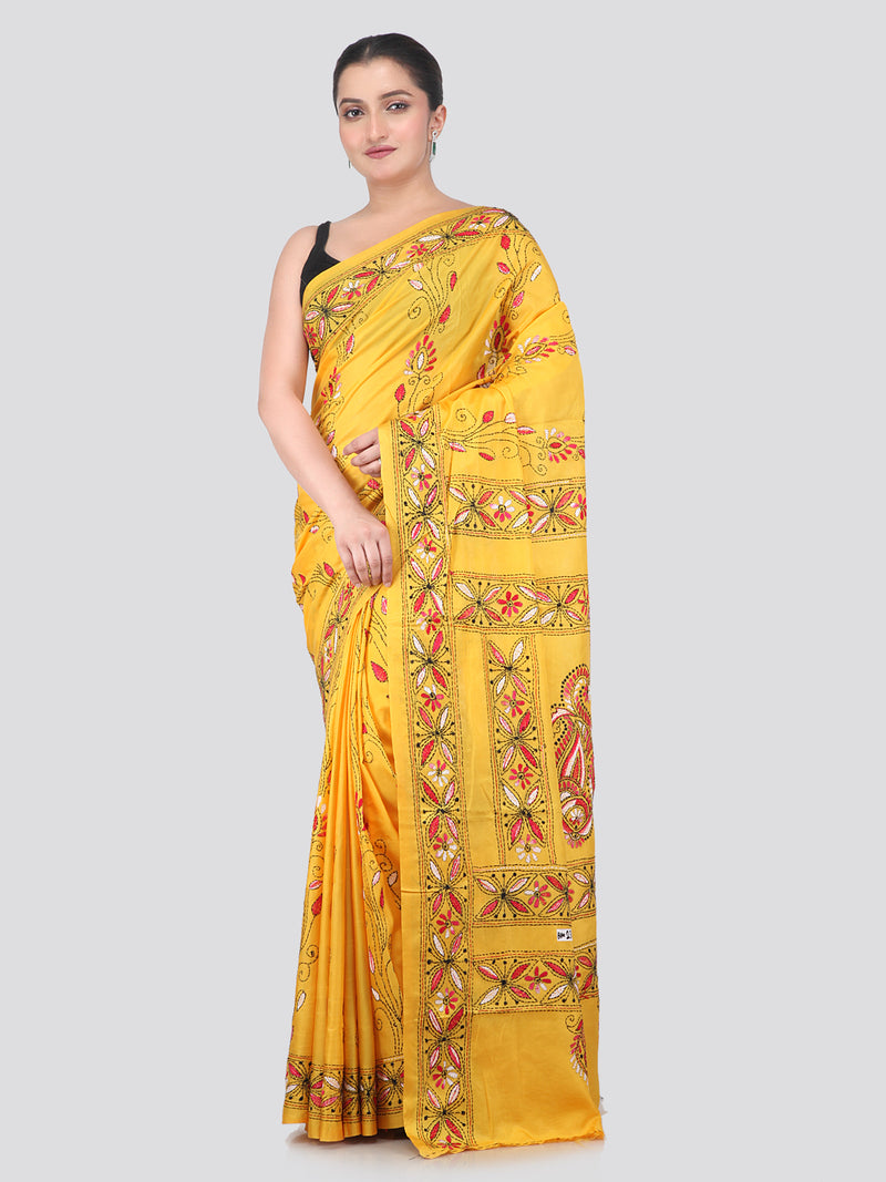 Pinkloom Yellow Handloom Silk Embroidered Katha Stitch Work Saree