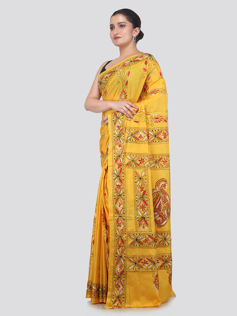 Pinkloom Yellow Handloom Silk Embroidered Katha Stitch Work Saree