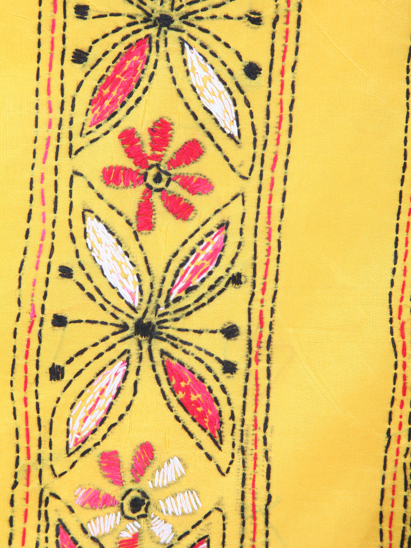 Pinkloom Yellow Handloom Silk Embroidered Katha Stitch Work Saree