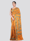 Pinkloom Orange Handloom Silk Embroidered Katha Stitch Work Saree