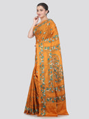 Pinkloom Orange Handloom Silk Embroidered Katha Stitch Work Saree