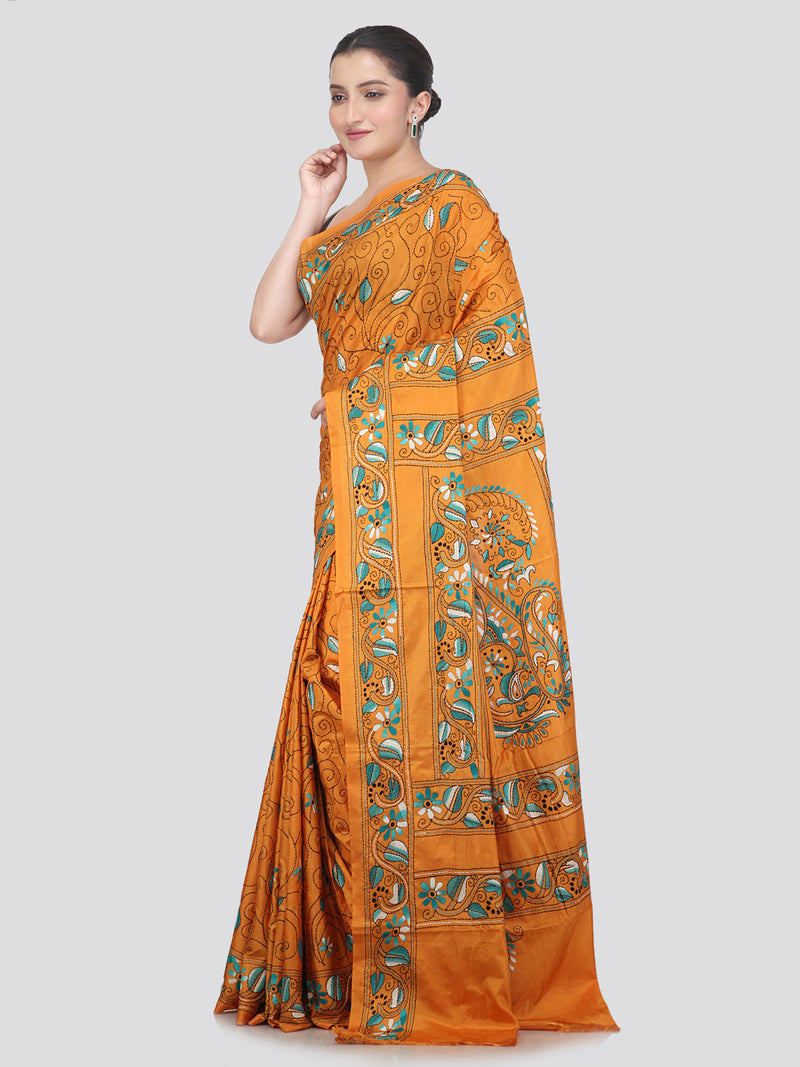 Pinkloom Orange Handloom Silk Embroidered Katha Stitch Work Saree