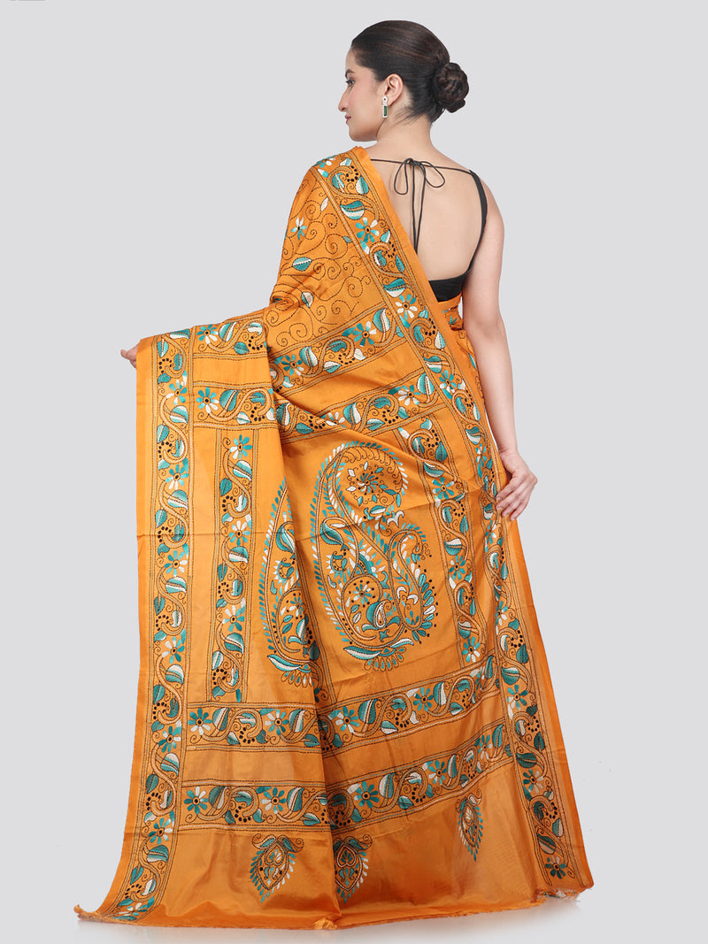 Pinkloom Orange Handloom Silk Embroidered Katha Stitch Work Saree