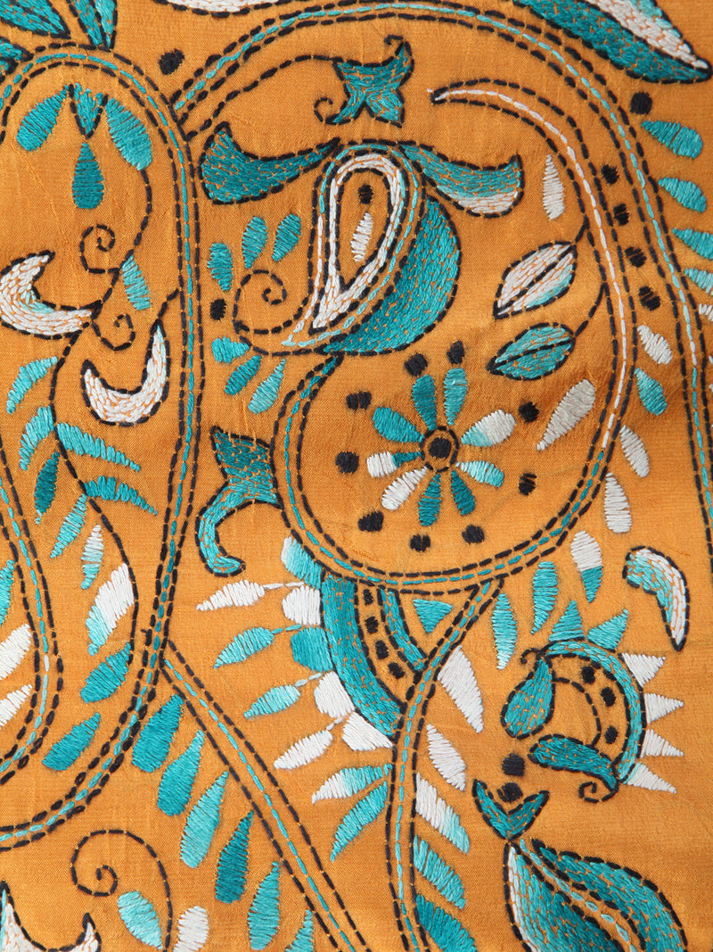 Pinkloom Orange Handloom Silk Embroidered Katha Stitch Work Saree