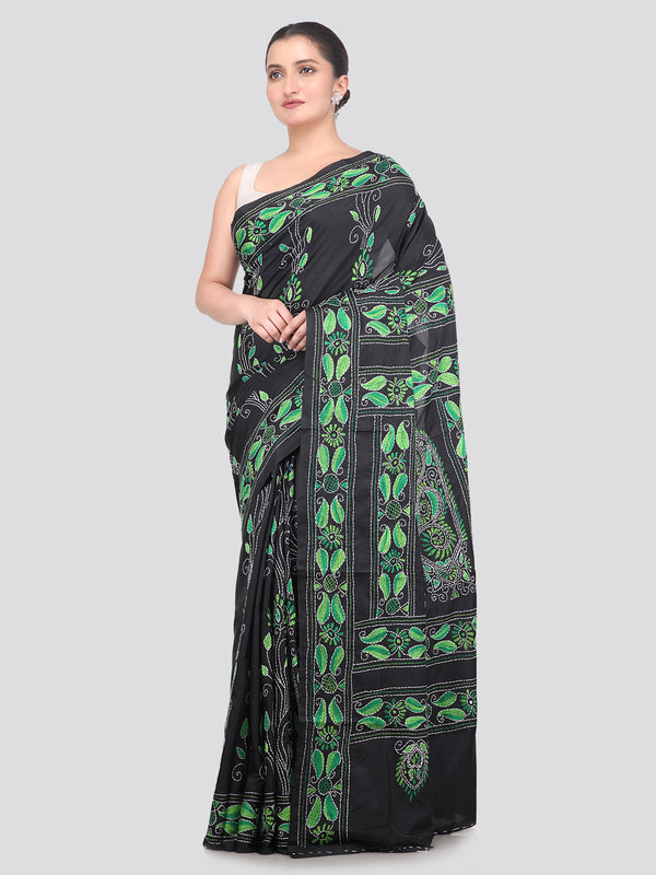Pinkloom Black Handloom Silk Embroidered Katha Stitch Work Saree