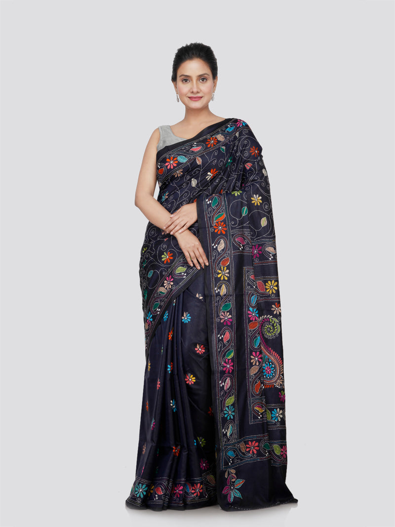 PinkLoom Women's Silk Kantha Stitch Saree With Unstitched Blouse Piece