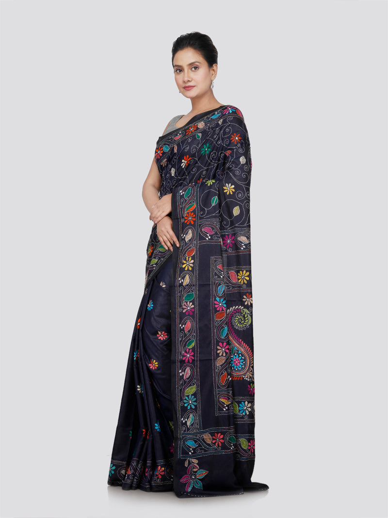 PinkLoom Women's Silk Kantha Stitch Saree With Unstitched Blouse Piece