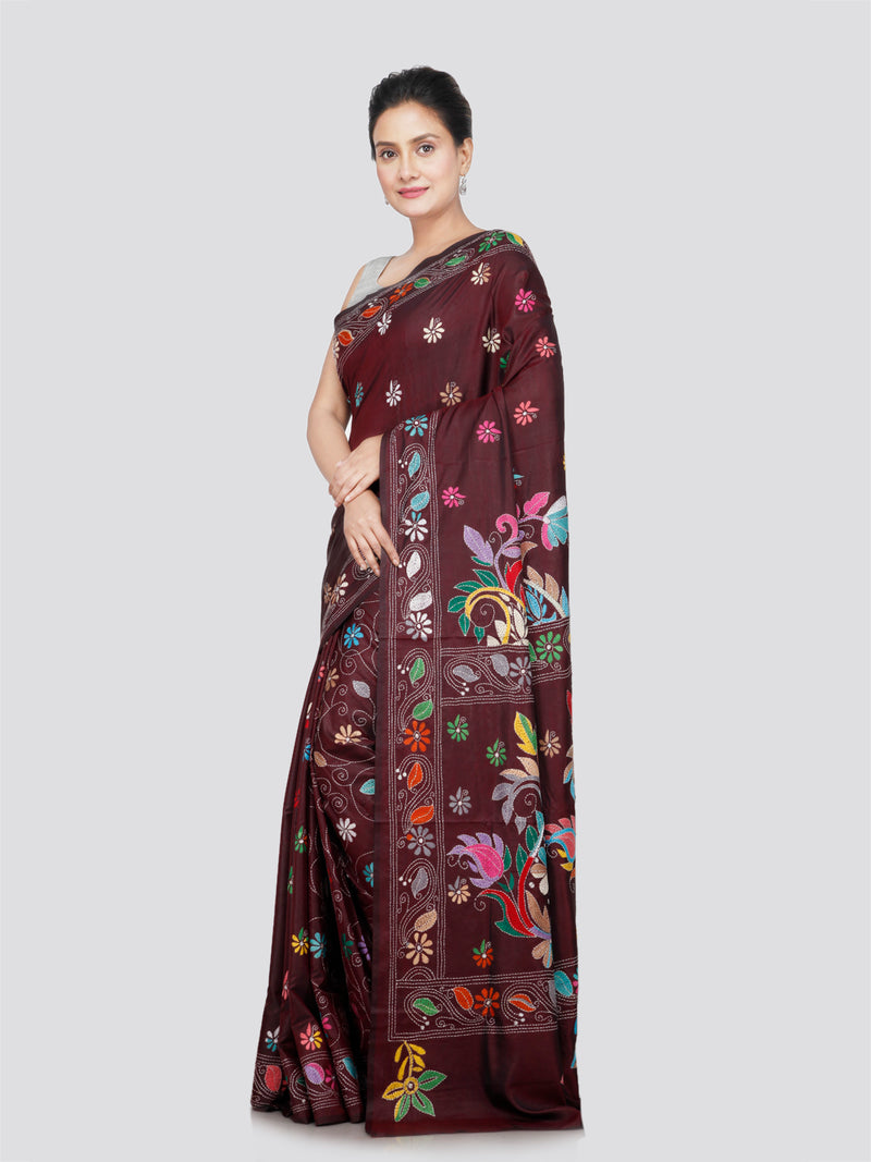 PinkLoom Women's Silk Kantha Stitch Saree With Unstitched Blouse Piece