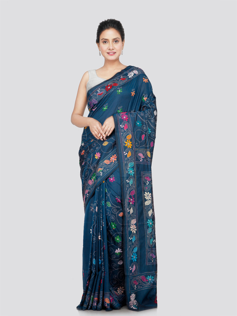 PinkLoom Women's Silk Kantha Stitch Saree With Unstitched Blouse Piece